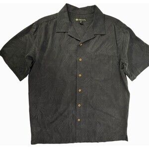 Duke Kahanamoku 100% Silk Shirt Hawaiian Black Tonal Embossed Palms Cabana LARGE